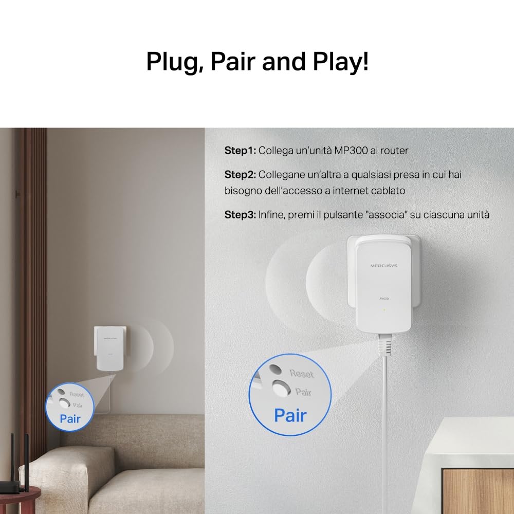 MERCUSYS MP300 KIT Powerline Kit Homeplug AV2 Fino a 600Mbps, Fino a 300 Metri, Porta LAN, Plug and Play, Compatibile con Tutti i Router, Risparmia fino all'85% sull'Energia