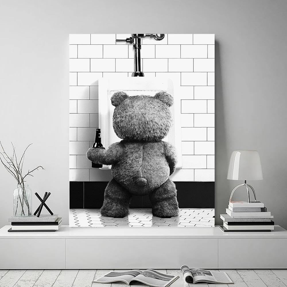 Yocheng Grumpy Bear Drinking Beer Peeing To The Toilet Canvas Posters Abstract Wall Art Prints Vintage Pictures For Bathroom Home Decor 21X30cm No Frame