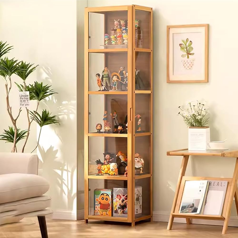 Vetrina in vetro con design a doppia anta, telaio in bambù naturale, sicuro e sano, comodo da riporre (dimensioni: 82 x 33 x 161 cm (lunghezza x larghezza x altezza), colore: marrone)