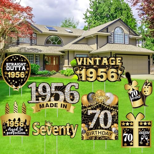 cocomigo 8pcs Black Gold 70th Birthday Yard Signs, 70th Birthday Decorations, Lawn Signs with Stakes Made in 1956 Outdoor Lawn Sign Birthday Yard Deco