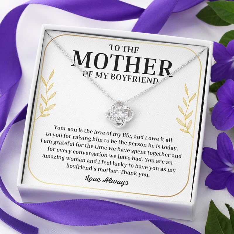 To My Boyfriend's Mom Necklace Message Card Box Love Knot Silver Standard - I Am Grateful For The Time - Relationship Jewelry Aunt Stepmother Valentine