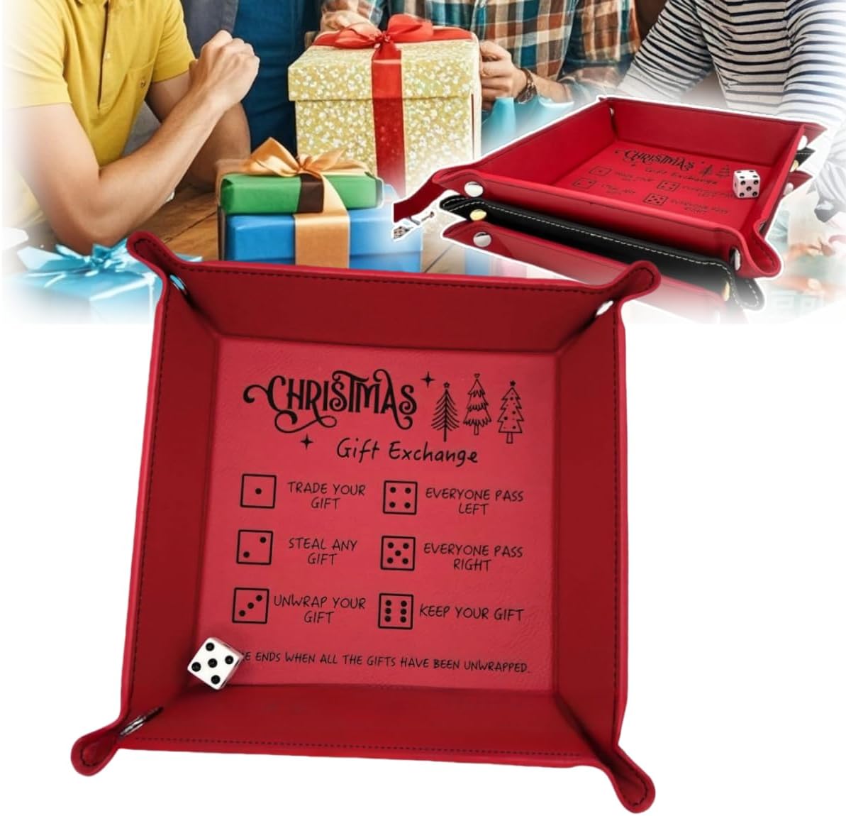 Christmas Dice Tray for Gift Exchange Games,Novelty Portable Folding Dice Holder PU Leather Rolling Tray Set,Great Dice Set for Family Gatherings and Parties (Red)