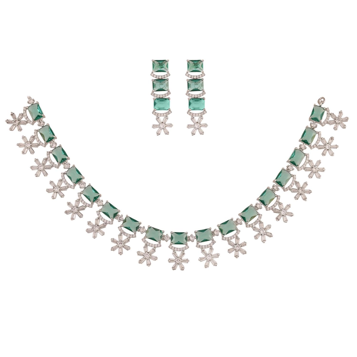 Ratnavali Jewels Brass Silver Plated American Diamond Cubic Zirconia AD Necklace Jewellery Set With Dangler Earrrings For Women/Girls (Sea Green) (B0CBKZYCWY) Amazon Price History, Amazon Price Tracker