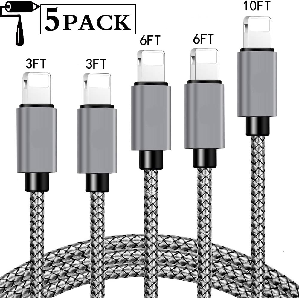 iPhone Charger, Lightning Cable MFi Certified 5Pack(3/3/6/6/10 FT) Extra Long Nylon Braided USB Charging&Syncing Cord Compatible iPhone Xs/XS Max/XR/X/7/7Plus/8/8Plus/6S/6SPlus/SE/5/Ipad Kits More