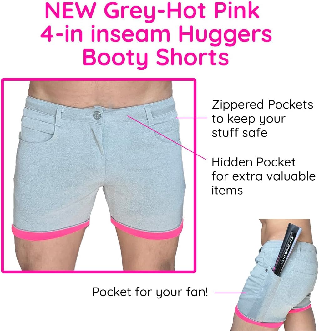 Mens Rave Shorts and Party Booty Shorts, 5-in Inseam with Hidden Pocket and Zipper Pockets for Phones