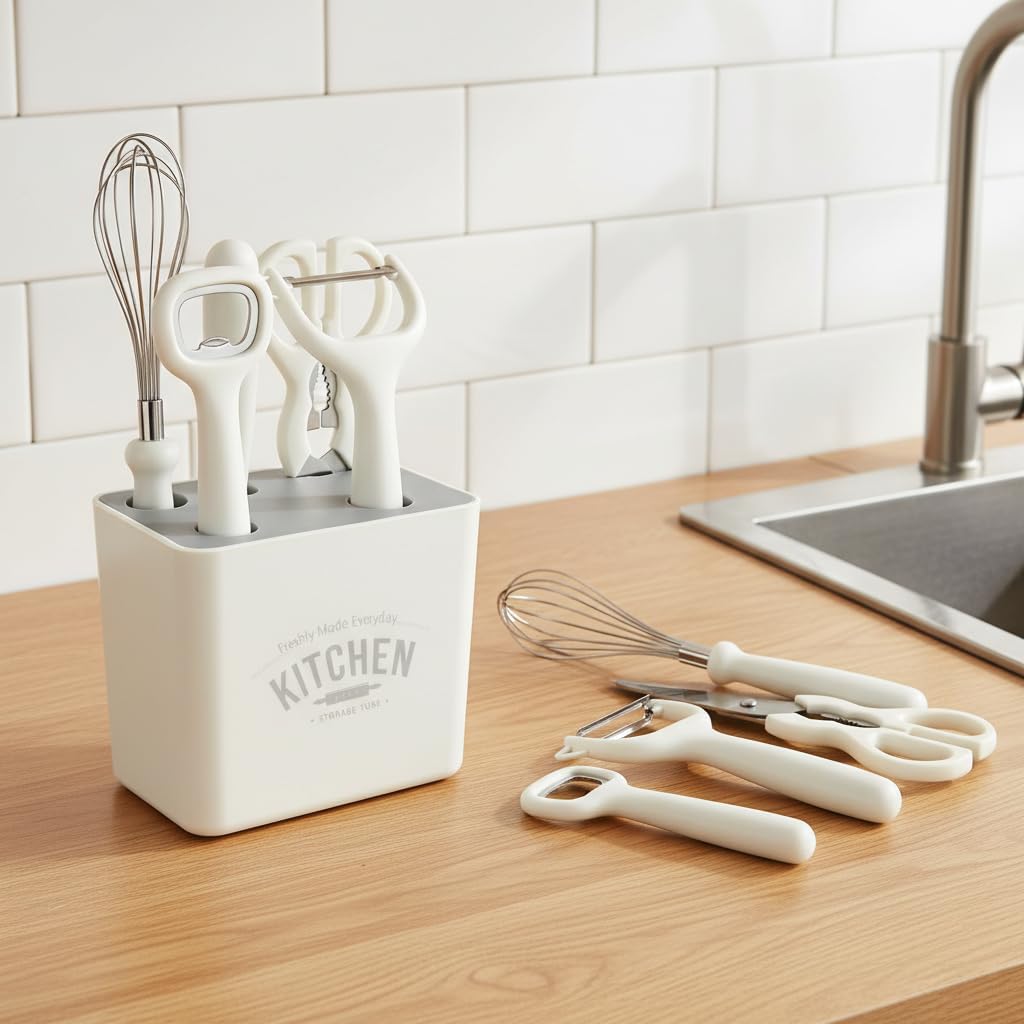 Kitchen Utensil Set with Storage Holder, 6 Piece White Stainless Steel Tool Set, Includes Peeler, Whisk, Bottle Opener, Knife, Scissors, Organizer Caddy