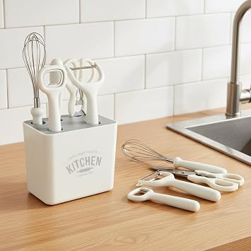 Kitchen Utensil Set with Storage Holder, 6 Piece White Stainless Steel Tool Set, Includes Peeler, Whisk, Bottle Opener, Knife, Scissors, Organizer Caddy