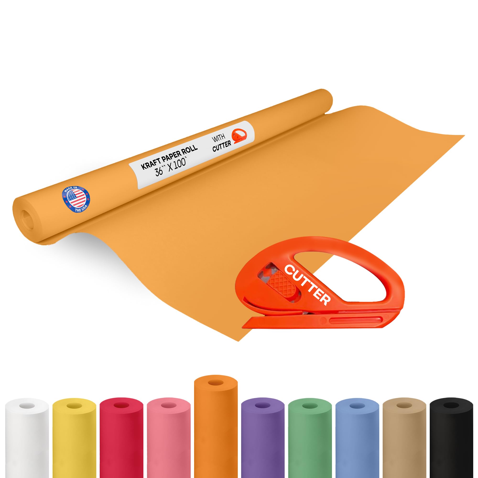 Orange Kraft Paper Roll 36" x 1200" (100 feet) with Cutter - USA-Made Gift Wrapping Paper for Packing, Moving, Shipping &amp; Crafts/Arts - 100% Recyclable Natural Craft Material by IDL Packaging