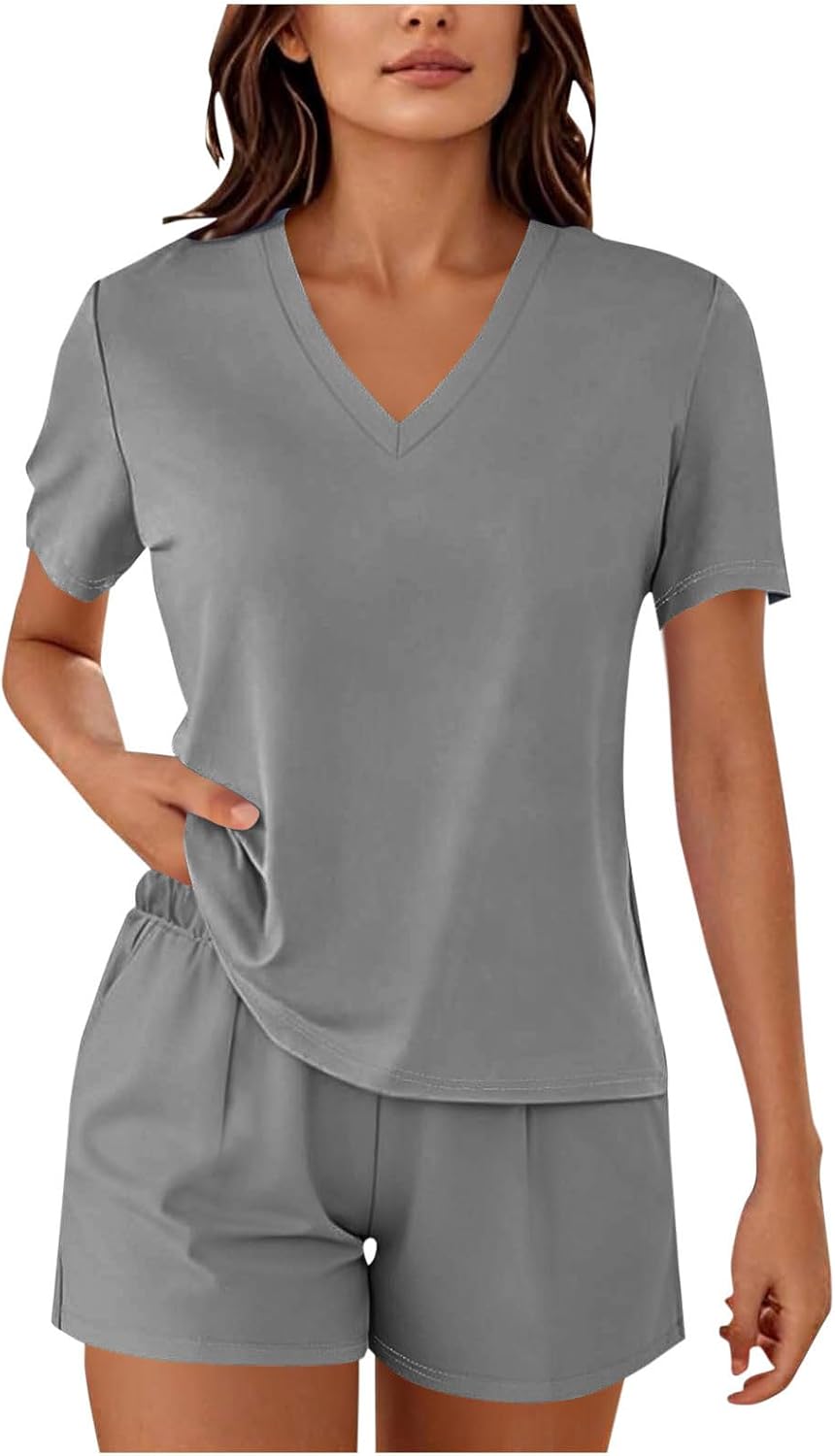 Xiaojmake Pajamas Set for Women Super Soft V Neck Short Sleeve Pajamas Cooling Summer Sleepwear Plus Size Pjs Shorts Sets