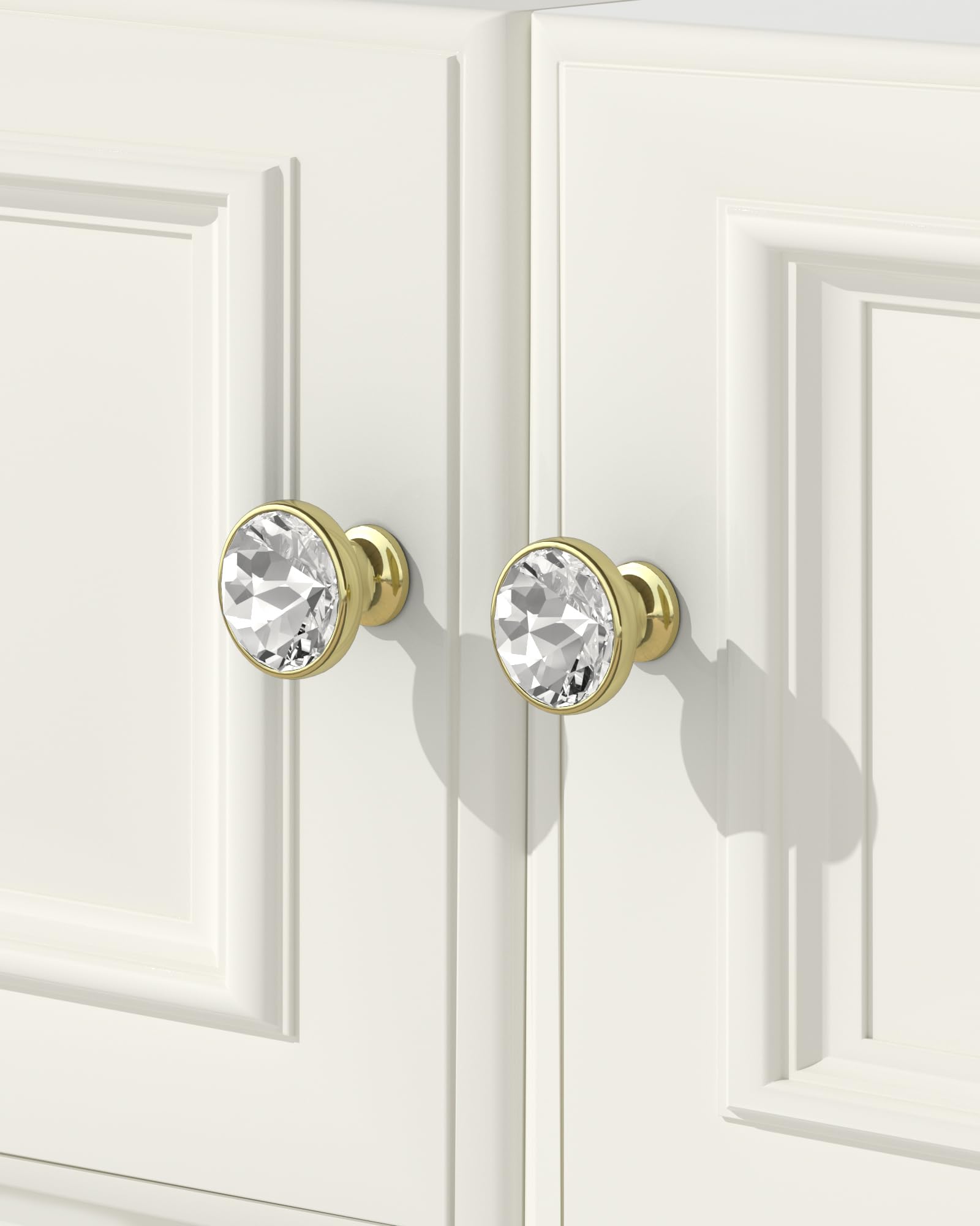 FURNIWARE - 10 piezas de pomos de gabinete de cristal con 2 tamaños de tornillos, tiradores de cajón de 34,2 mm, elegante oro diamante, orificio único transparente para armarios de cocina, cómoda
