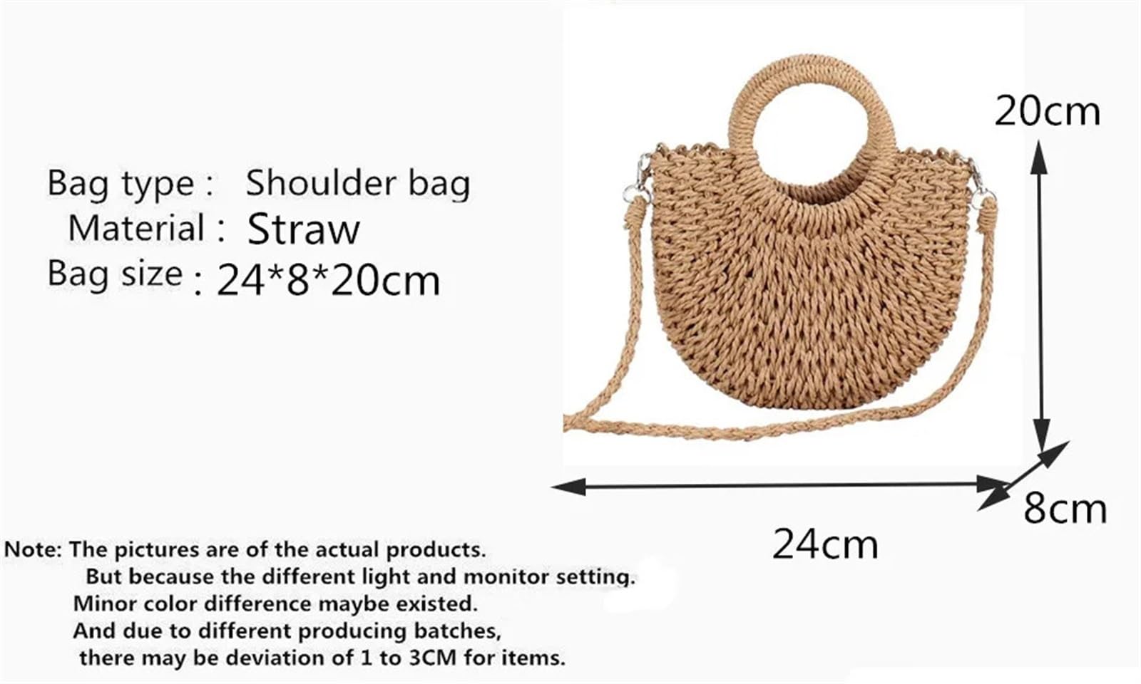 Bolso de Paja Tejido de Mimbre semicircular Hecho a Mano, bandoleras Cruzadas de Verano for Mujer, Bolso de Playa pequeño for niñas Bolsade de Viaje para Mujer(Khaki Ribbon)