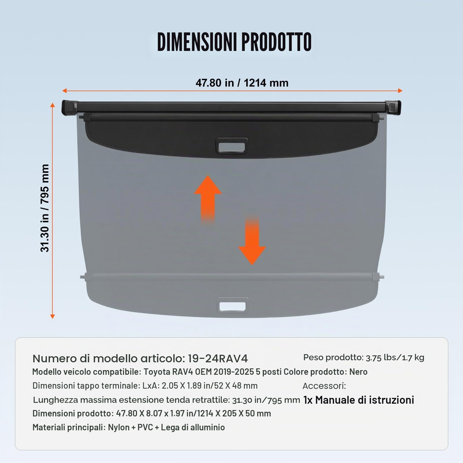 VEVOR Copertura Retrattile per Bagagliaio Toyota, Copertura Impermeabile per Bagagliaio per Toyota RAV4 2019-2024, Copertura per Bagagliaio Posteriore Resistente ai Raggi UV Lega di Alluminio, Nero