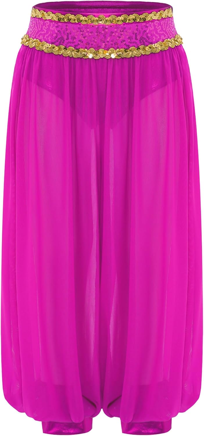 Linjinx Kids Girls Belly Dance Harem Pants Sequin Indian Arabian Stage Performance Trousers Halloween Party Bloomers