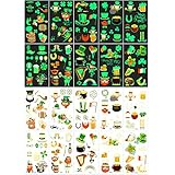 Qpout Tatouages éphémères Lumineux de la Saint-Patrick, autocollant de tatouage de dessin animé pour enfants de la Saint-Patrick, chapeau de trèfle vert Leprechauns conception de pièces d'or