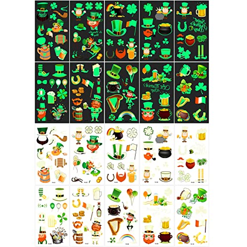 Qpout Tatouages éphémères Lumineux de la Saint-Patrick, autocollant de tatouage de dessin animé pour enfants de la Saint-Patrick, chapeau de trèfle vert Leprechauns conception de pièces d'or Cover