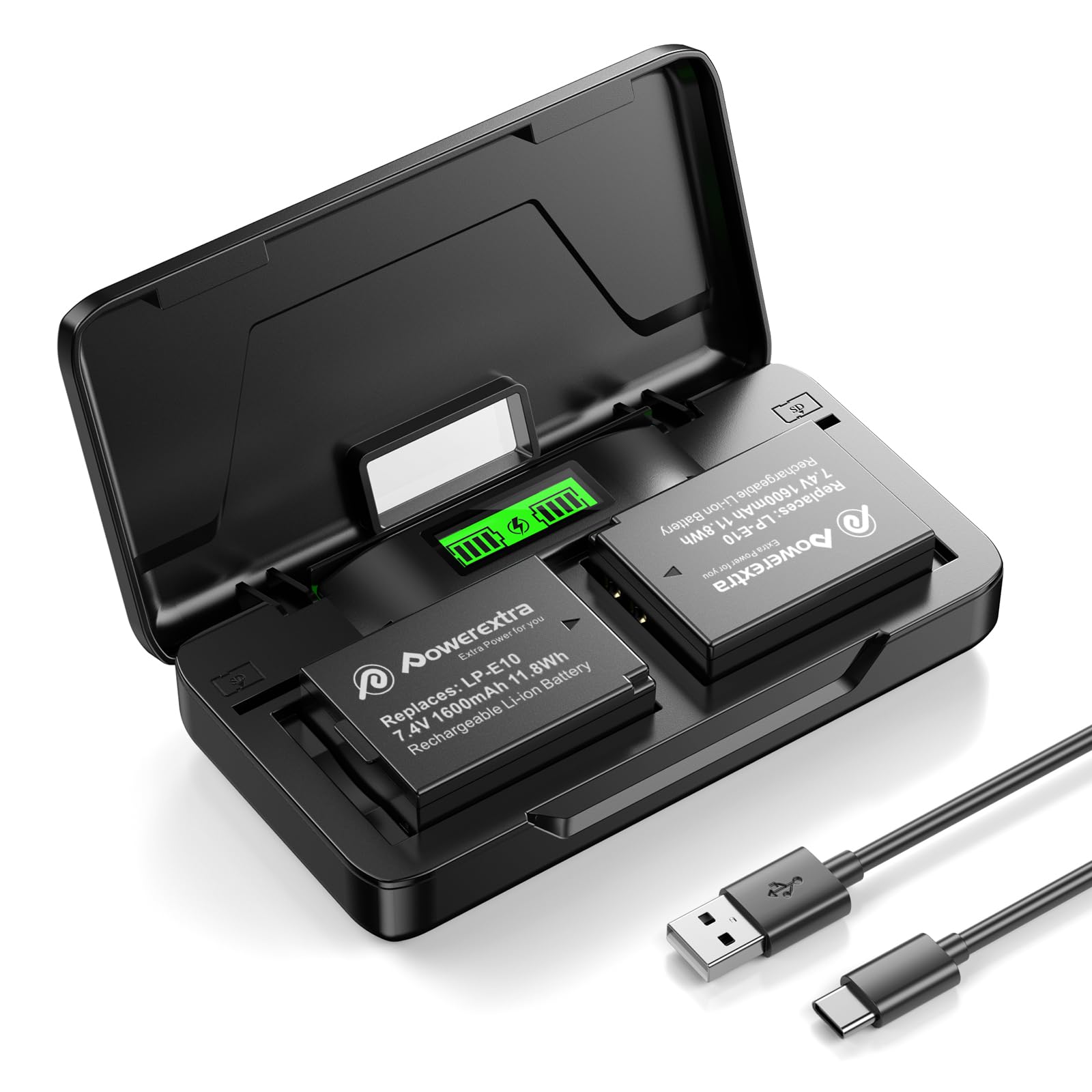 Powerextra LP-E10 Battery Charger Kit- 20W PD Fast Charging, 1600mAh Dual Batteries Compatible with Canon LP-E10 Battery and Canon Rebel T3 T5 T6 T7 T100 Kiss X50 Kiss X70 1100D 1200D 1300D Camera