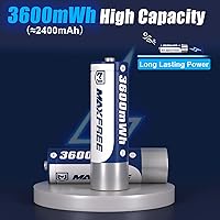 Vista 2 de Maxfree Baterías recargables AA de litio con cargador, paquete de 8 unidades de 1.5V 3600mWh, baterías dobles A de larga duración con pantalla LED