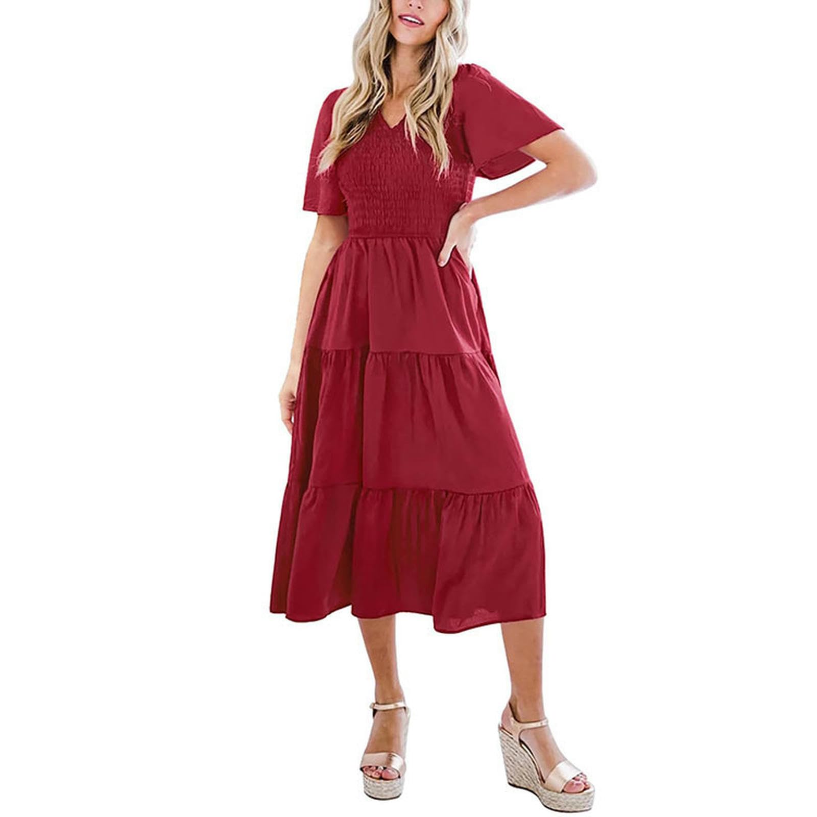 Robe d'été superposée à Smocks Floraux Boho à Manches Courtes col en V avec poches