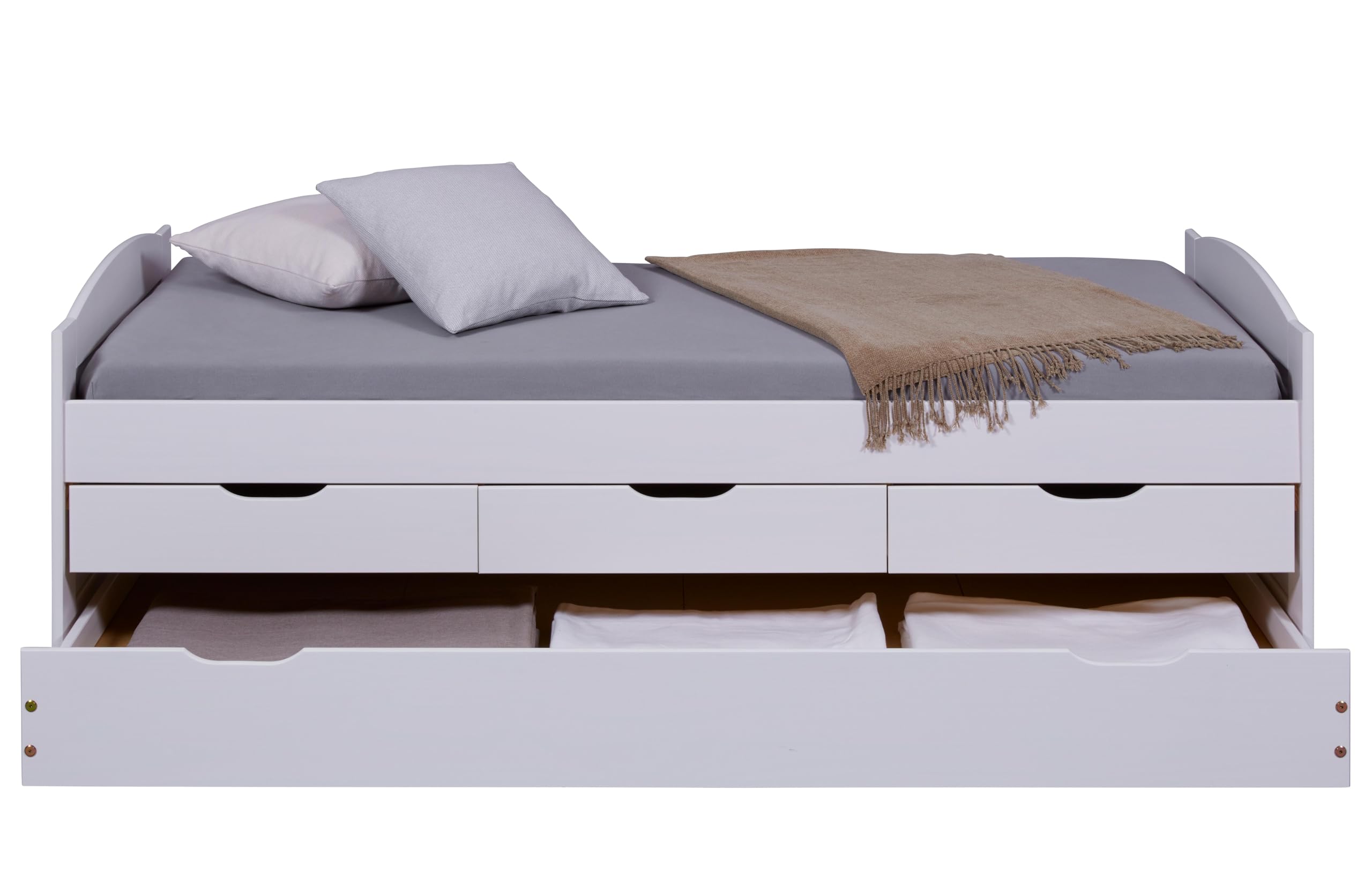 Inter Link - Funktionsbett - Kinderbett - Einzelbett mit Stauraum - Bett mit Schubladen - 2 Liegeflächen 90x200cm - Kiefer massivholz - inkl. Lattenrost - Weiß lackiert - Ulli 90x200cm