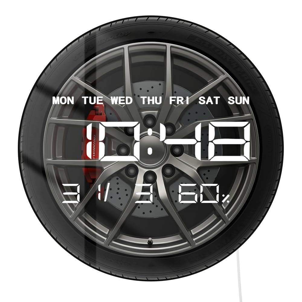 Horloge murale numérique en forme de roue pour sublimer la décoration d'un garage automobile
