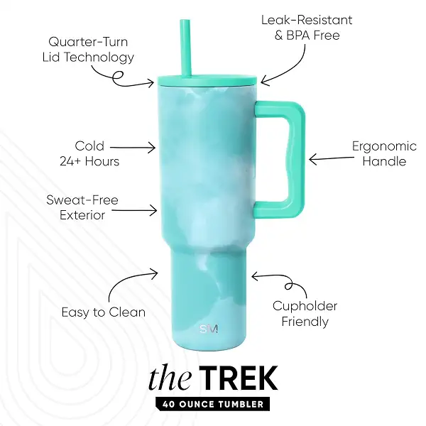 Simple Modern 40 oz Trek Tumbler with Handle and Straw Lid | Cup Holder Friendly Insulated Stainless Steel Travel Mug | Ocean Tide 2