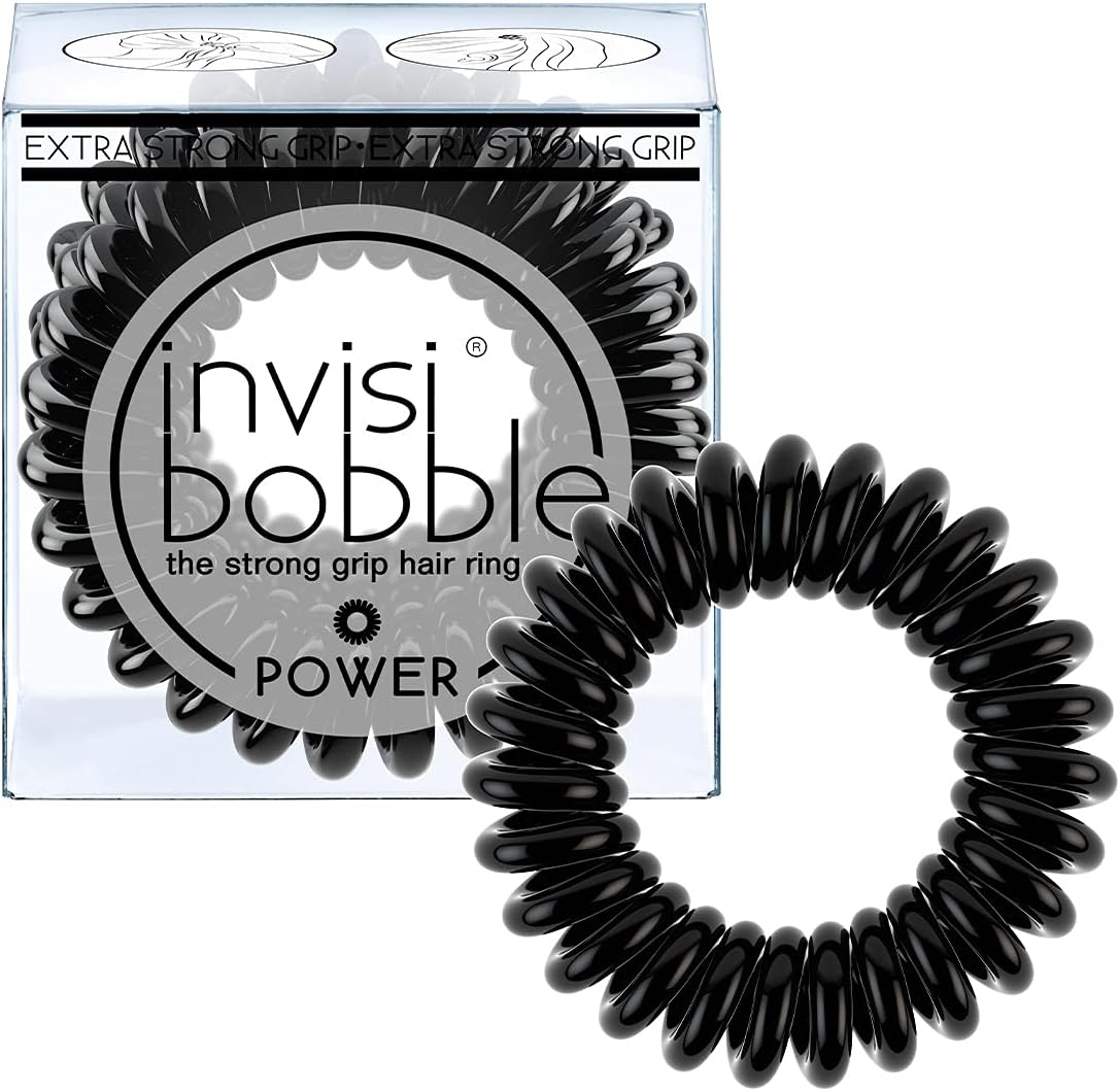 invisibobble POWER Hair Ties, True Black, 3 Pack - Extra Strong Grip, Waterproof, Traceless - Perfect for Sports, Suitable for All Hair Types