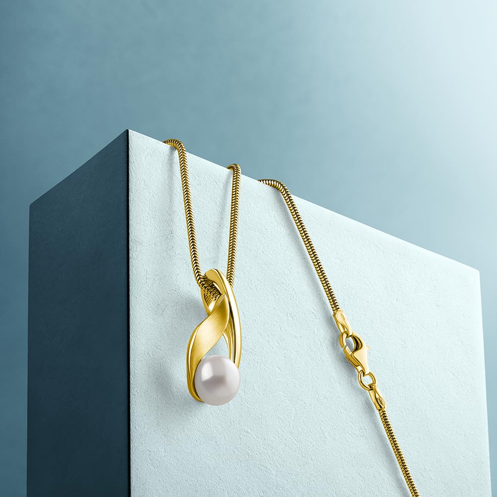 Miore Collares Mujer de Plata, Colgante de Perla Chapado en oro de 18 ct/Plata Sterling 925, Perlas de Agua Dulce 8 mm, Cadena Snake a 45 cm, Joyería para Mujer, Se entrega en Estuche para Joyas