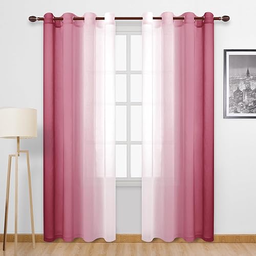 DWCN Faux Linen Ombre Sheer Curtains - Gradient Semi Voile Curtains for Bedroom and Living Room, Grommet Top Window Curtains, 2 Panels, 52 x 108 Inches Long, Burgundy