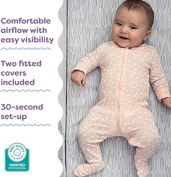 Boppy Portable Baby Bassinet - Lightweight, Low, Fold-Flat Travel Bassinet with Mesh Sides, Anti-Tilt, 2 Custom Fitted Mattress Covers & No Assembly - Gray Pickup Sticks