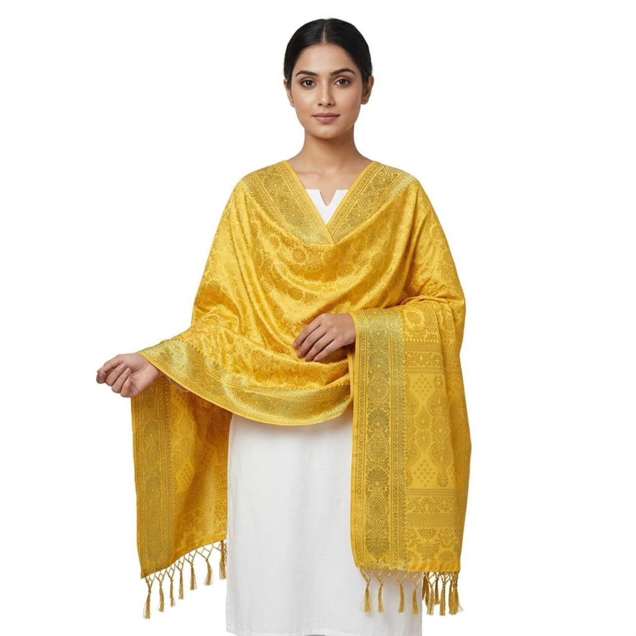 Yellow Banarasi Silk Fashion Stole | Stylish Dupatta for Festive, College, casual parties, & Night Outs-image-39