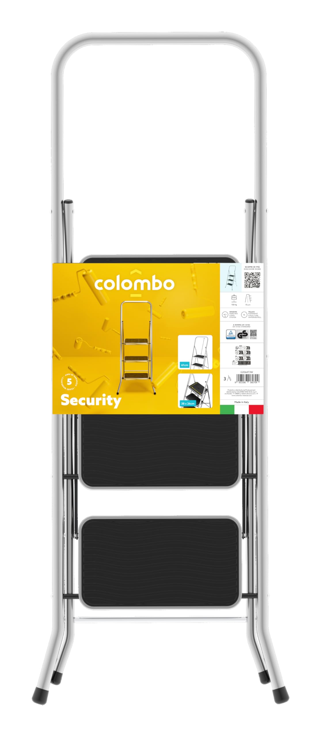 Colombo | Sgabello Security 3 Gradini e Maniglione Sicurezza XL | Scaletta Pieghevole in Alluminio 3 Acciaio | Portata 150 kg | Made in Italy