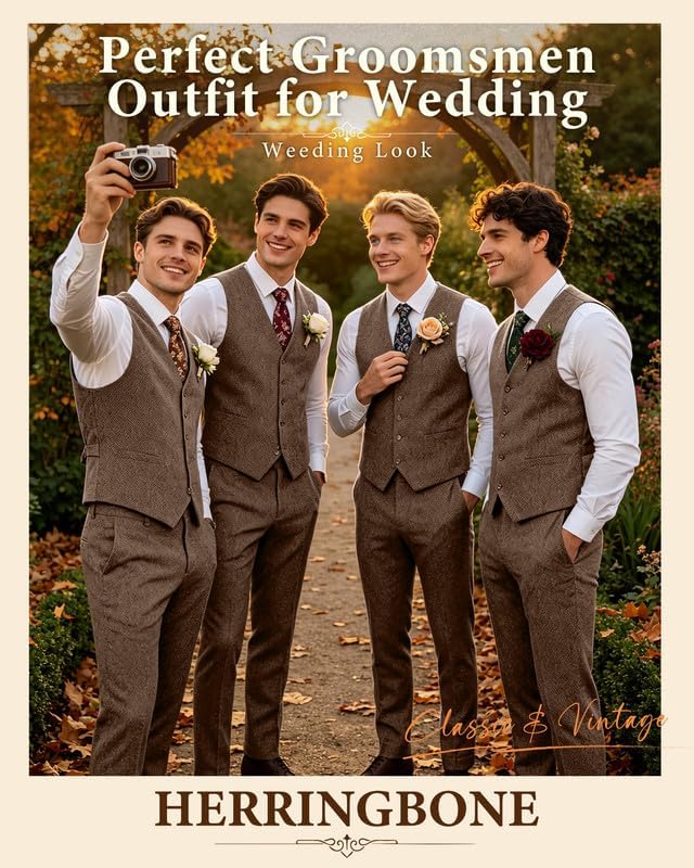 Retro Tweed Herringbone Men's Suit 2 Pieces Mens Vest and Pants Set Outfit — 사진 6