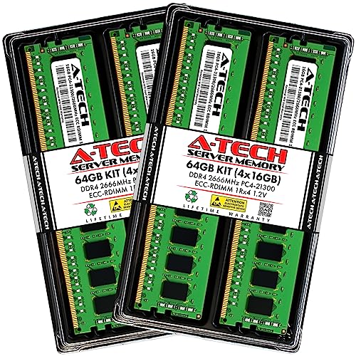 A-Tech 64GB Kit (4x16GB) DDR4 2666MHz PC4-21300 ECC RDIMM 1Rx4 Single Rank 1.2V ECC Registered DIMM 288-Pin Server & Workstation RAM Memory Upgrade Modules (A-Tech Enterprise Series)