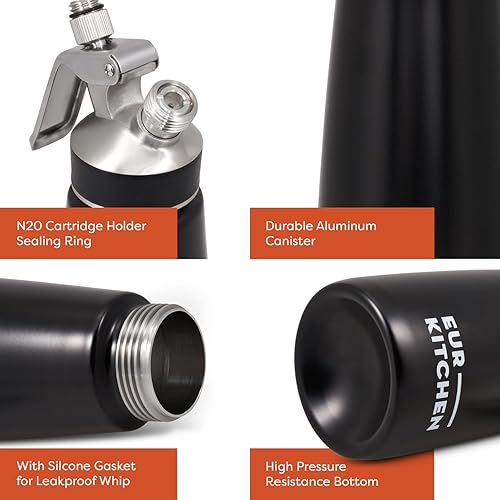 Miniatura 7 de EurKitchen - Dispensador profesional de crema batida de acero inoxidable, recipiente para cremas sin fugas, 3 boquillas de decoración y cepillo de