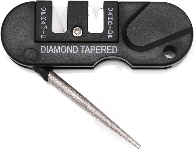 Pocket Knife Sharpener, Multifunction EDC Gear Keychain Foldable Sharpening Stone with 3 Stages Ceramic & Carbide&Diamond Tapered for Survival Hunting Fishing Camping, Black