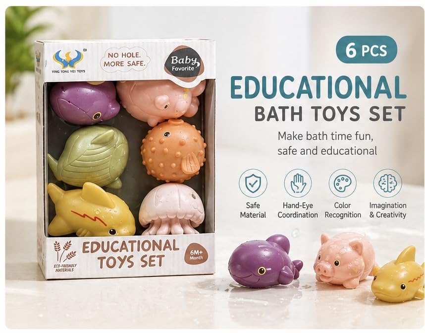 Juguetes de Baño Bebé 6 Piezas Sin Agujeros – Juguetes Sensoriales Agua Antimoho, BPA Free, Educativos para Bebés +6 Meses – Animales Marinos, Regalo Ideal para Niños y Niñas