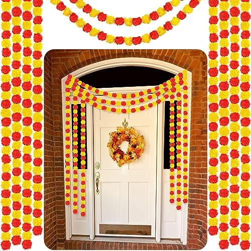 Yunsailing 10 Pcs 5 ft Marigold Garland Diwali Marigold Garlands Decoration Indian Flowers for Decoration Artificial Flowers for Day of The Dead Altar Wedding Party,Red and Yellow