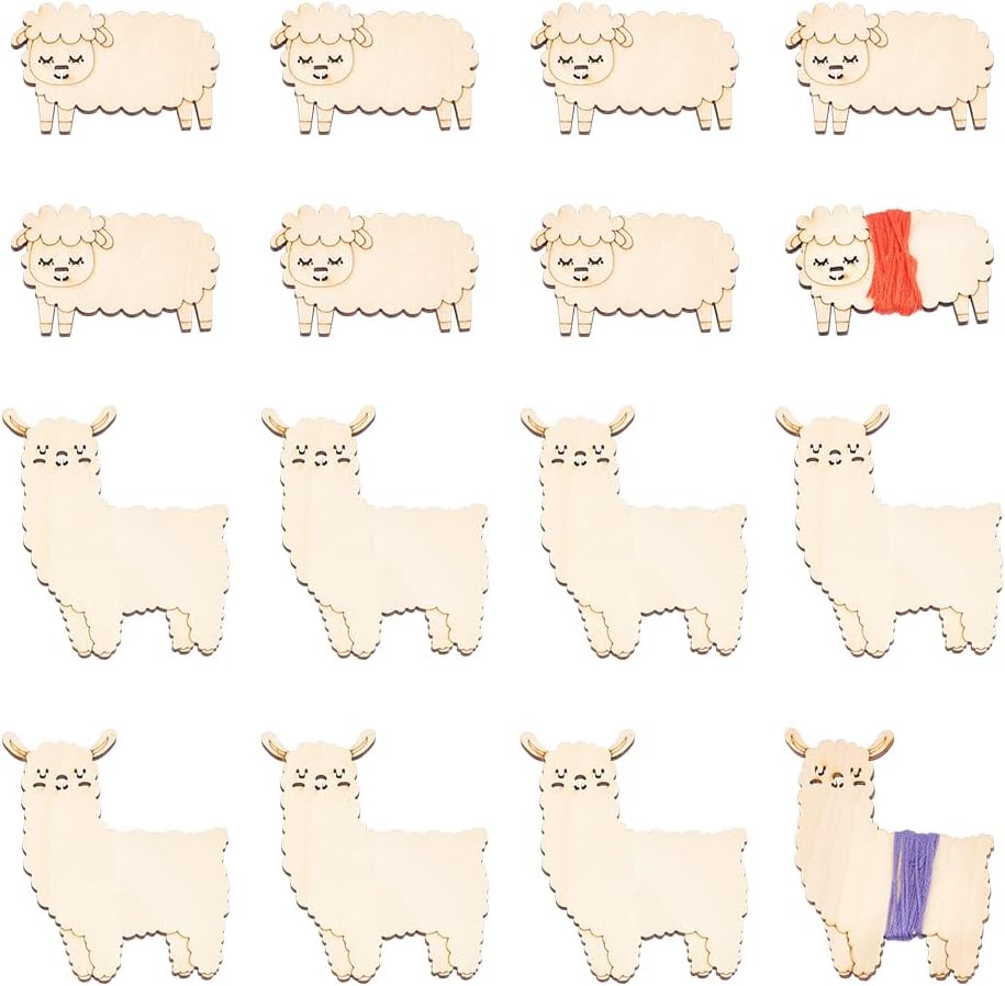 NBEADS 24 Pcs 2 Styles Wooden Animals Floss Bobbins, 2 Sizes Sheep and Alpaca Shaped Cross Stitch Bobbin Embroidery Thread Cards Winding Board for DIY Sewing Storage