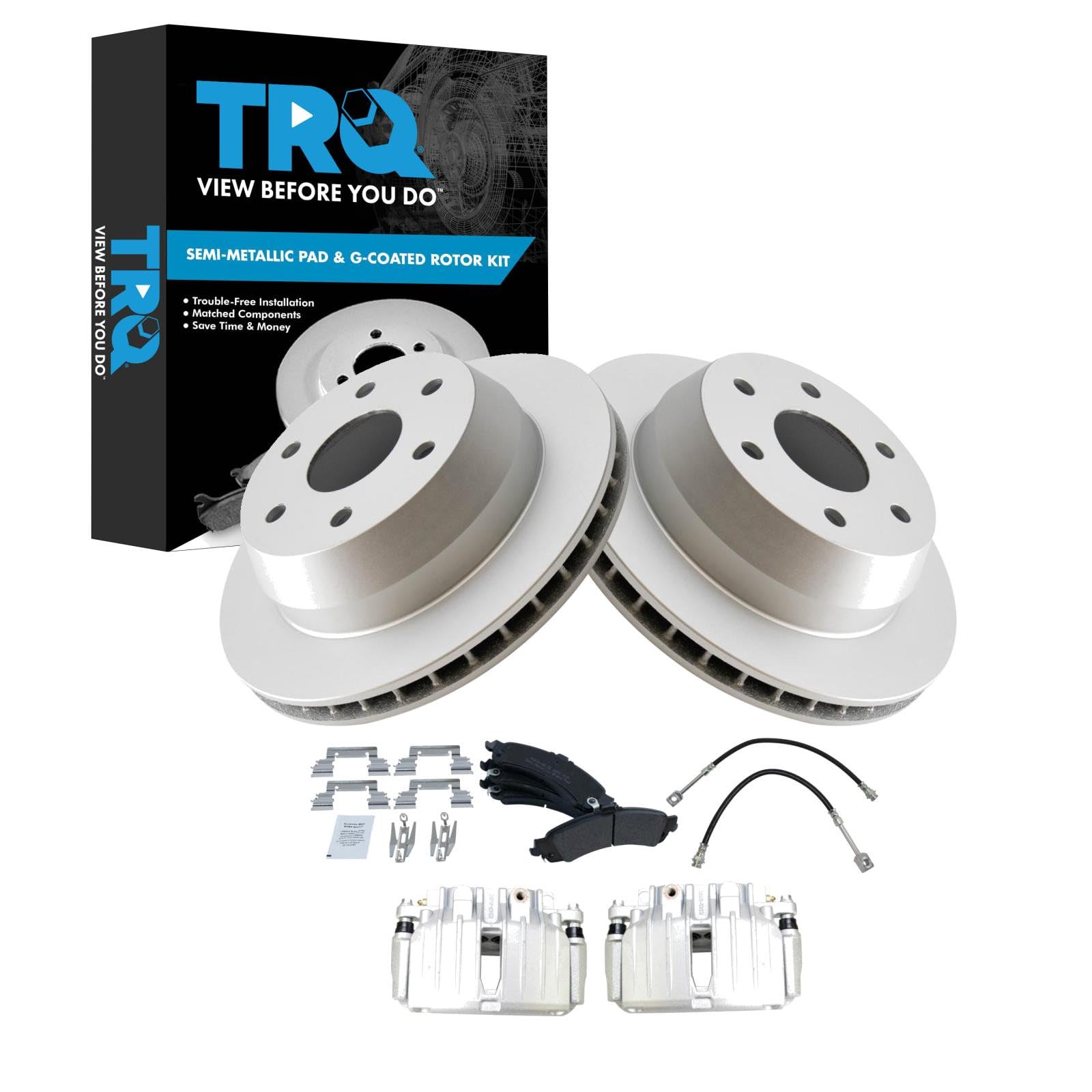 TRQ Rear Brake Pad and Rotor Set Semi Metallic G Coated Rotors Calipers Compatible with 2003-2005 Chevrolet Silverado 1500 2004-2005 GMC Sierra 1500