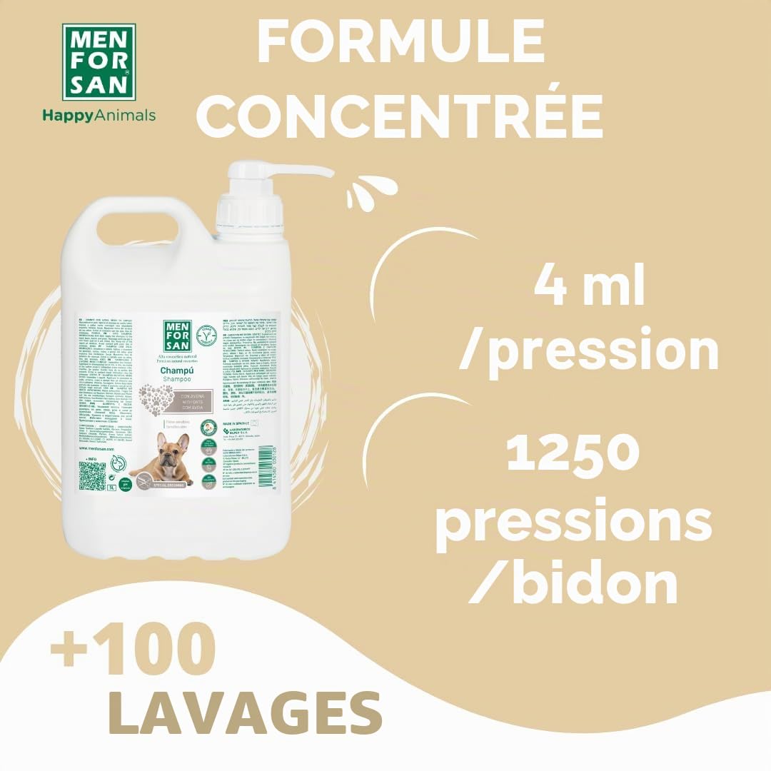 MENFORSAN Shampoing pour Chien à la Farine d'avoine | Effet adoucissant et apaisant | pour Les Peaux sensibles et sensibles | Avoine 100% Naturelle | Parfum Doux | 5 l