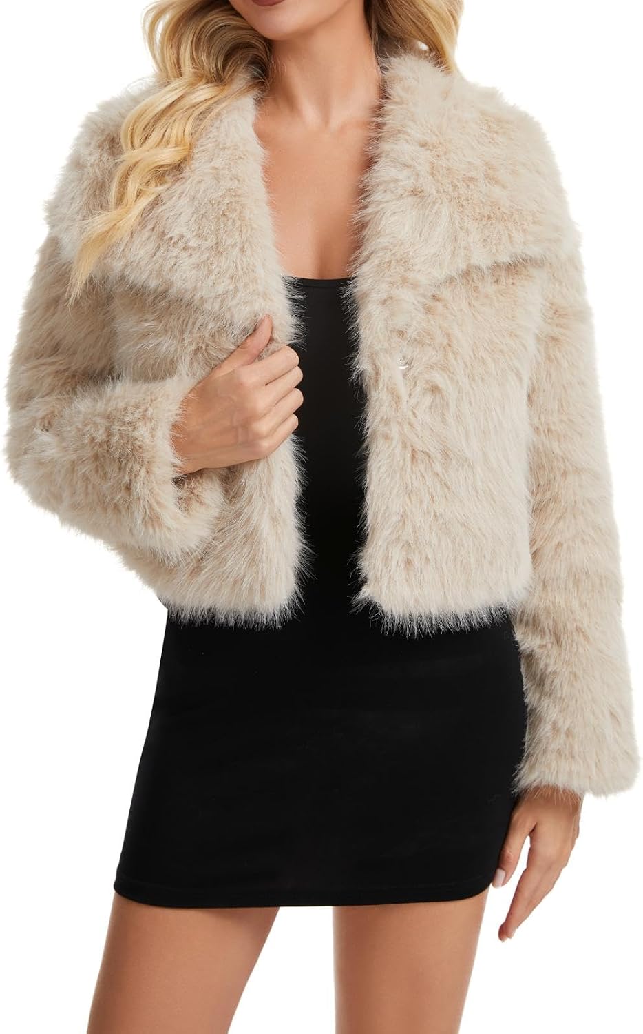 Women's Lapel Faux Fur Coat Long-Sleeve Faux Fur Short Jacket Beige XS