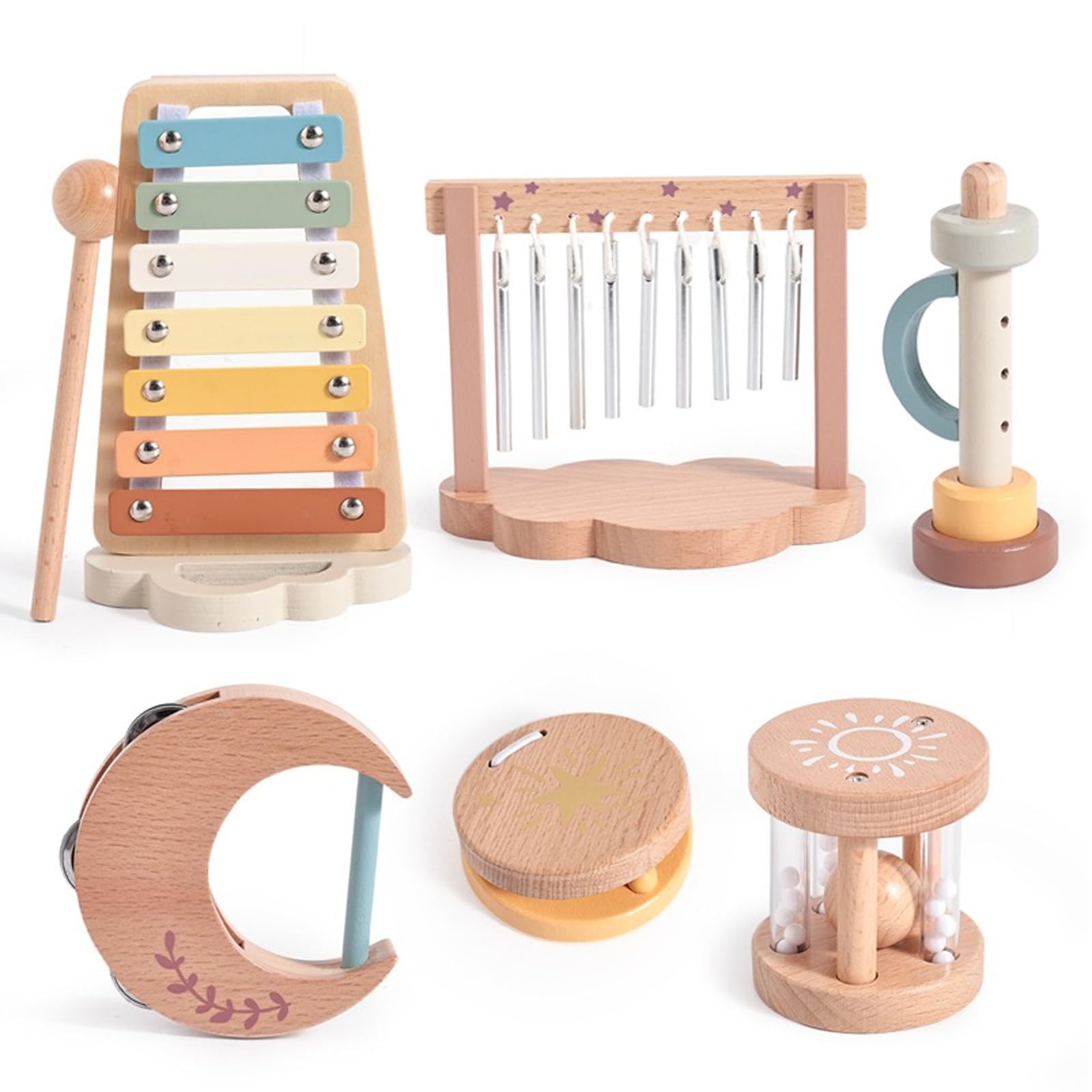 Smartwo Strumenti Musicali Bambini 1 Anno, Giochi Montessori in Legno 6 in 1 per Bambo con Xilofono Tamburello Tromba Sonaglio, Giocattoli Sensoriali Educativi Interattivi, Regalo 1 2 3 4 Anni