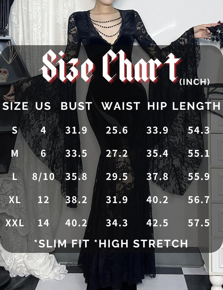 LANSHULAN Women Gothic Bat Sleeve Lace Patchwork Velvet Goth Vintage Dress for Halloween Costume - Image 4