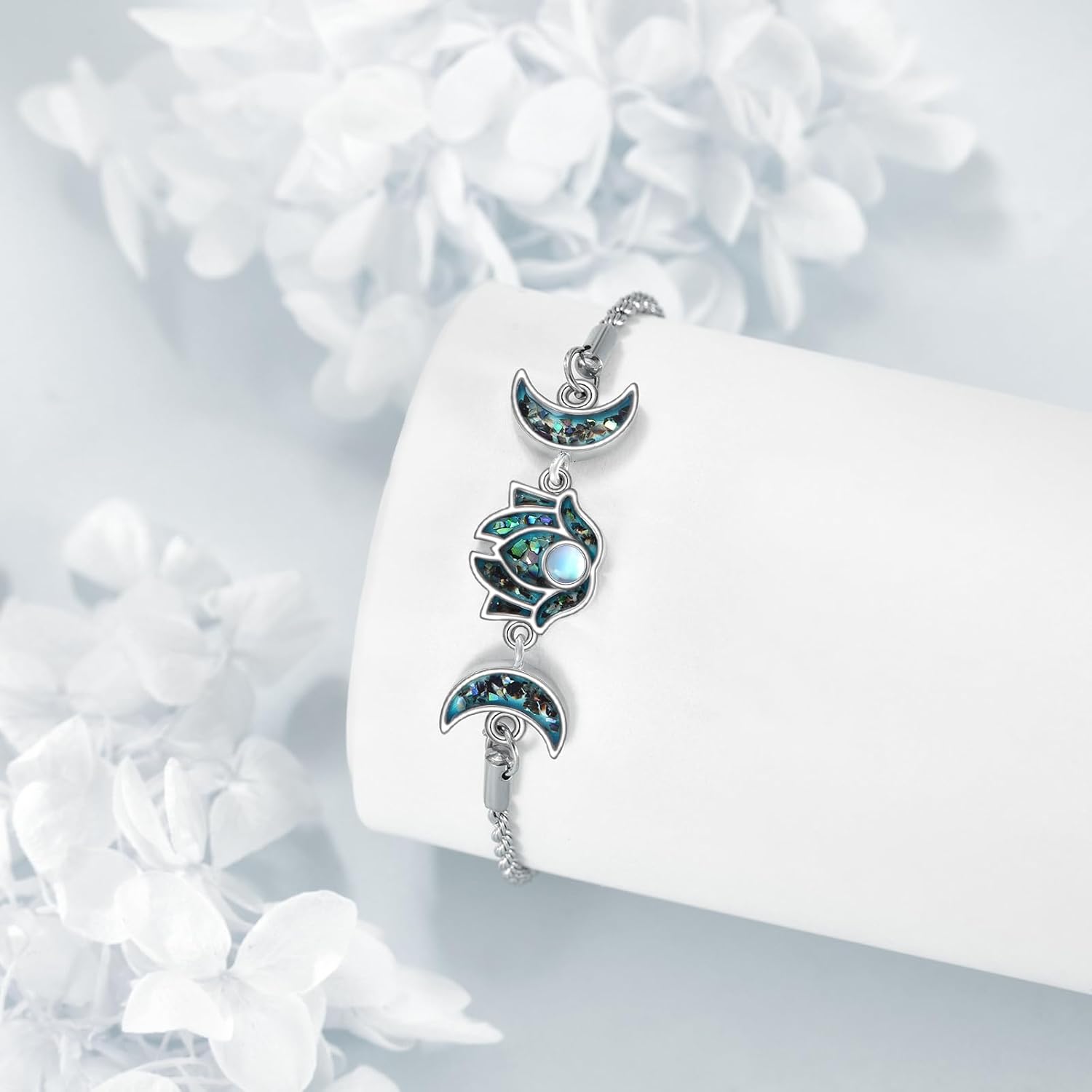 ONEFINITY Moonstone Lotus Bracelet 925 Sterling Silver Abalone Shell Lotus Flower Bracelets Yoga Jewelry Gifts for Women Mom - Image 3