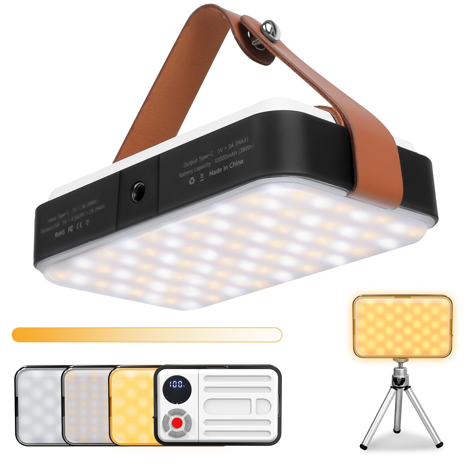 LED Camping Light, Video Light Multifunctional Type C Charging Ambient Fill Light with Mini Tripod for Live Streaming (Black White)