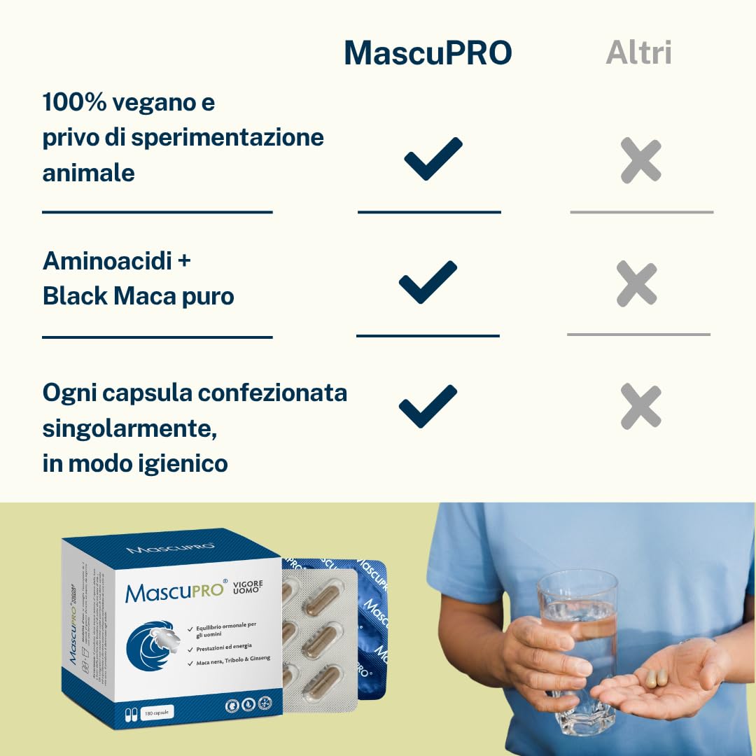 MascuPRO® Vigore Uomo Maca Nera - Estratto di Maca 20:1 con Tribulus terrestris, Cordyceps, Fieno greco, Zinco, Ginseng | Energia ed prestazioni | 180 capsule