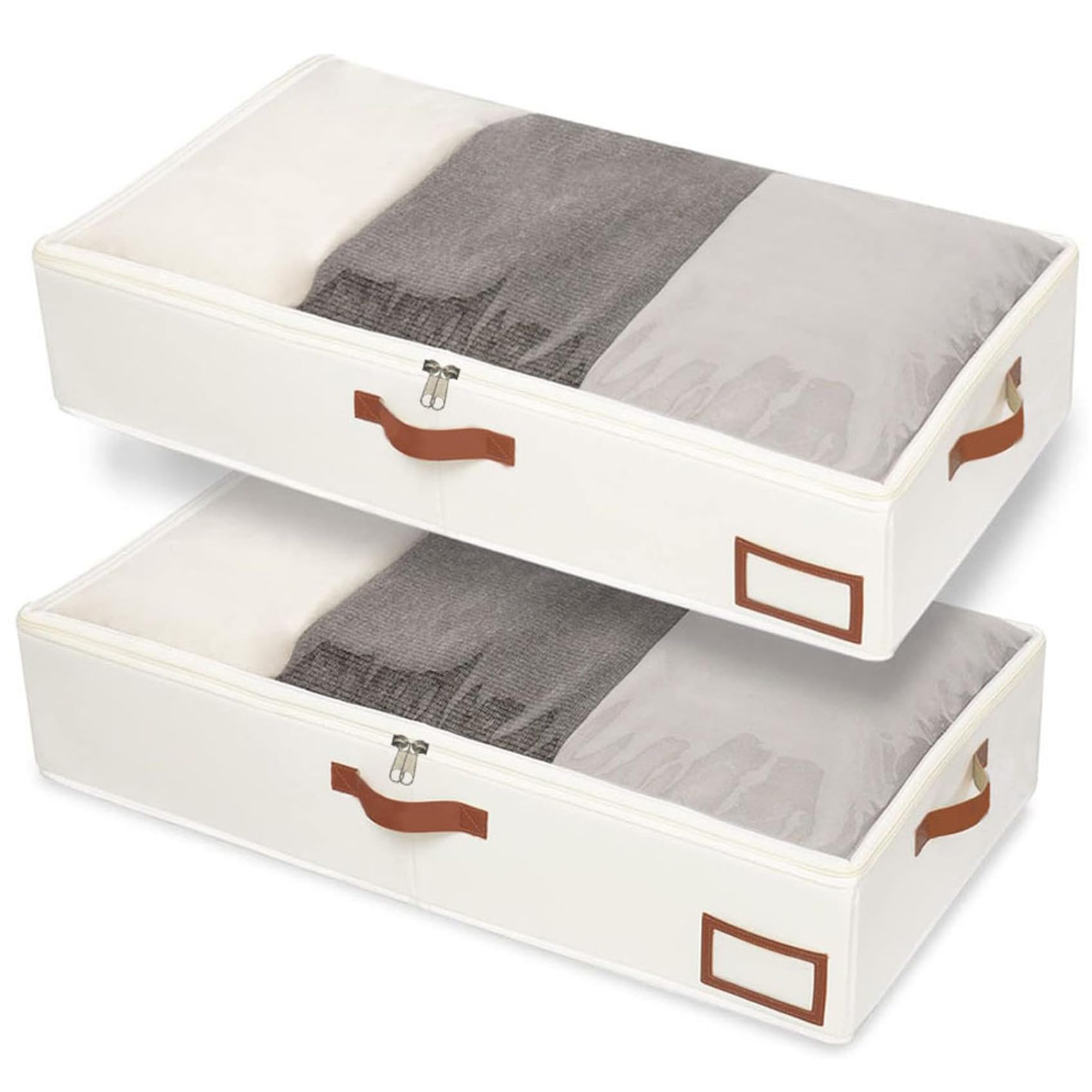 Contenedores de almacenamiento bajo cama de tela blanca, pack de 2 cajas organizadoras con tapa