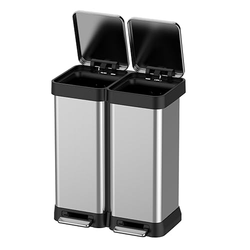 Miniatura 10 de Fashionwu Cubo de basura doble, acero inoxidable de 2 x 8 galones (2 x 30 L), cubo de basura de acero con tapa y cubos interiores, cubo de basura