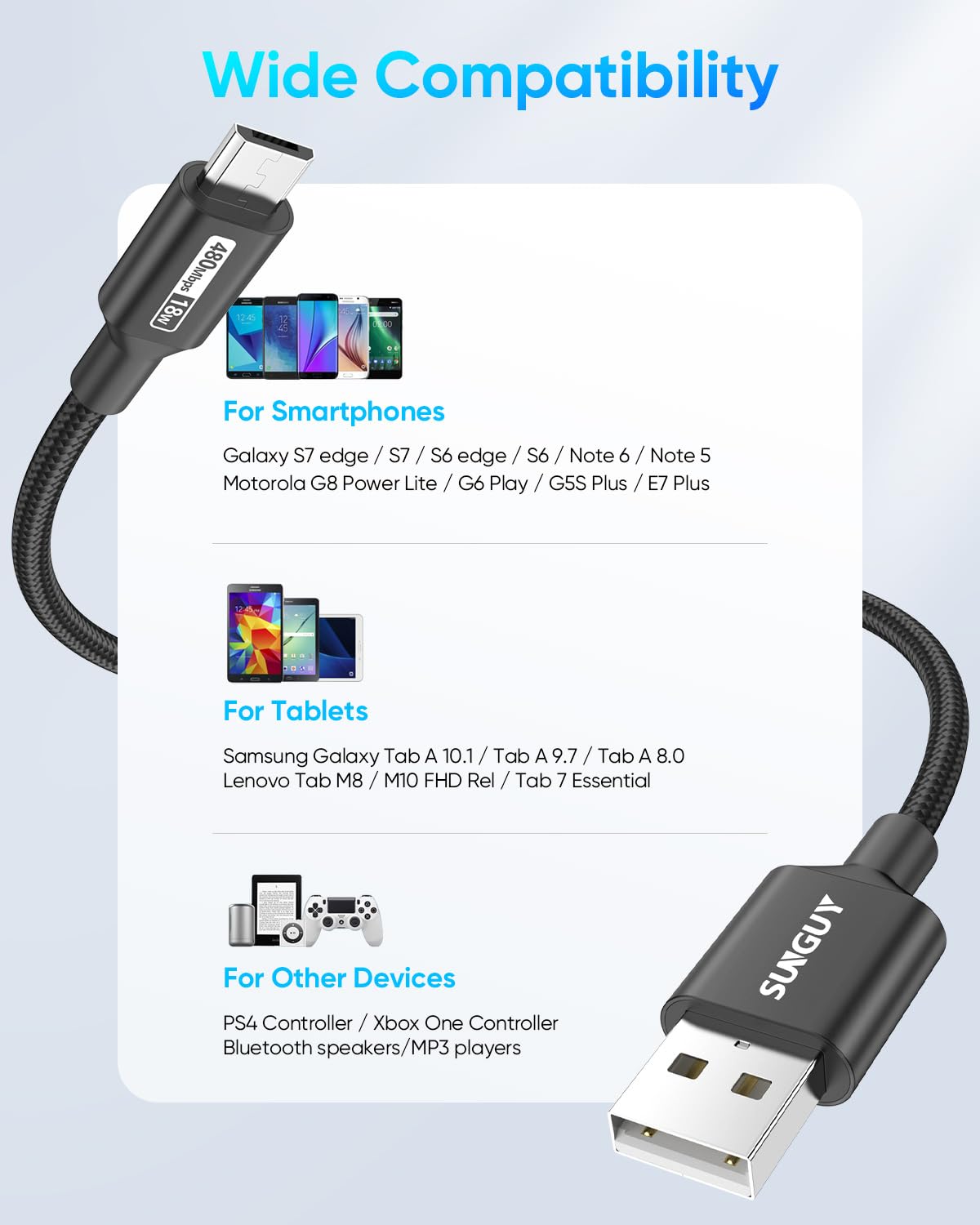 SUNGUY Cavo micro USB da 0,3 m, 3 pezzi corto intrecciato USB 2.0 Micro Android, ricarica rapida e sincronizzazione dati, compatibile con Galaxy S6 S7 Edge Note 5, Tab 4, PS4, Kindle e altri (Nero)