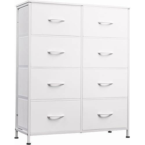 WLIVE Fabric Dresser for Bedroom, Tall Dresser with 8 Drawers, Storage Tower with Fabric Bins, Double Dressers, Chest of Drawers for Closet, Playroom, Dormitory, White
